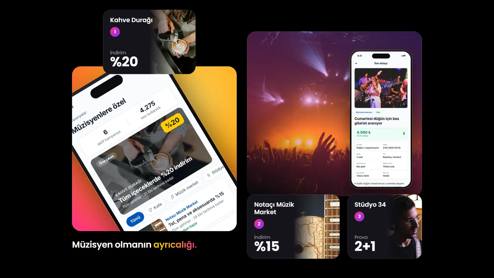 Müzisyen olmanın ayrıcalığı: kafede %20, müzik markette %15, prova stüdyosunda 2+1.