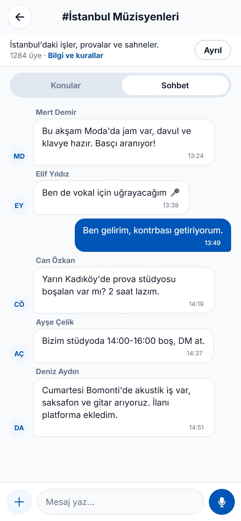 İstanbul Müzisyenleri kanalında jam ve prova stüdyosu mesajları.