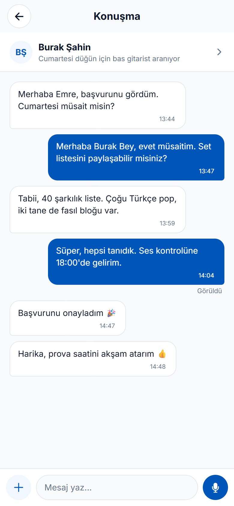 İlan sahibiyle mesajlaşma: başvuru onayı ve prova saati.