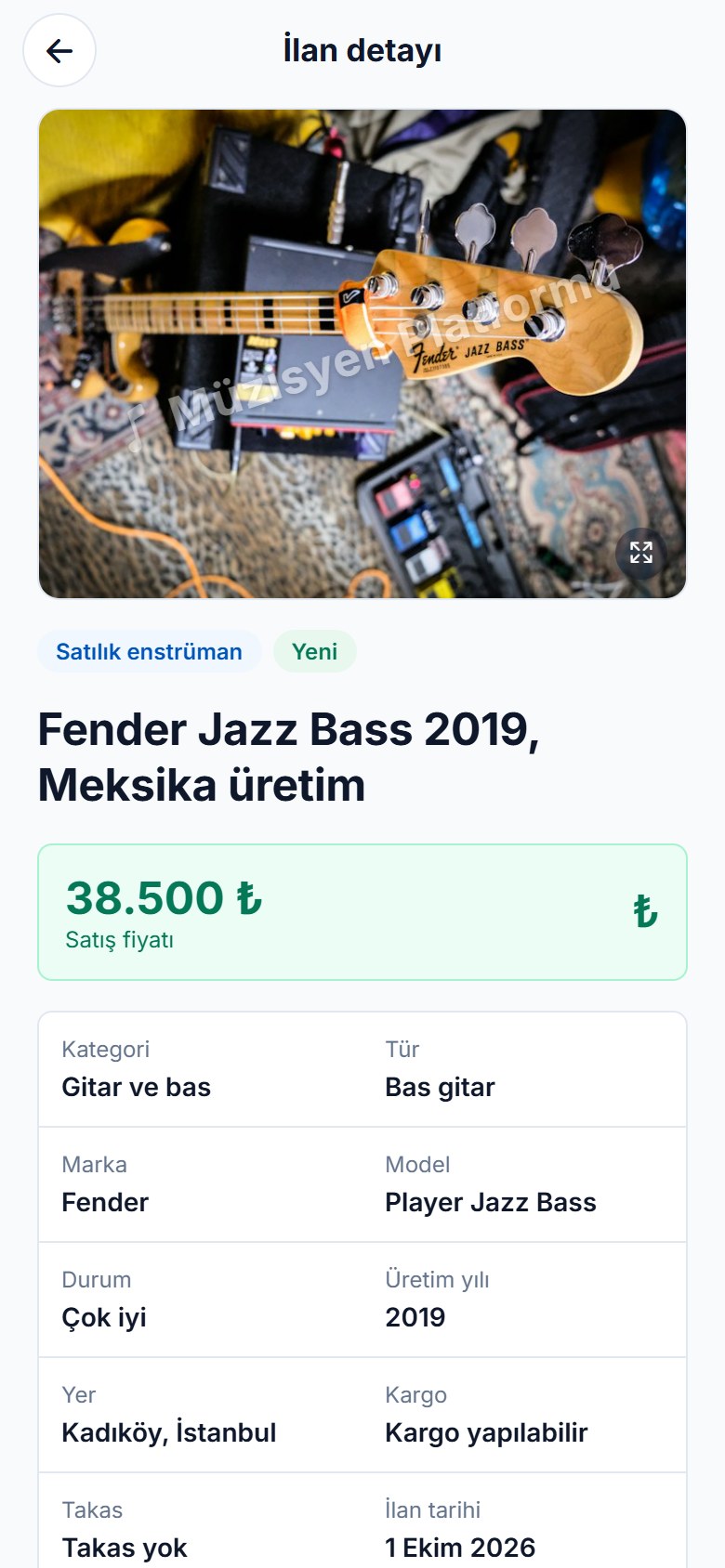Satılık Fender Jazz Bass ilanı: fotoğraf, fiyat, durum ve kargo bilgisi.