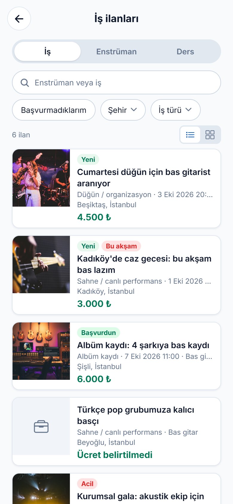 İş ilanları listesi: düğün, caz gecesi ve stüdyo kaydı ilanları, ücretleriyle.