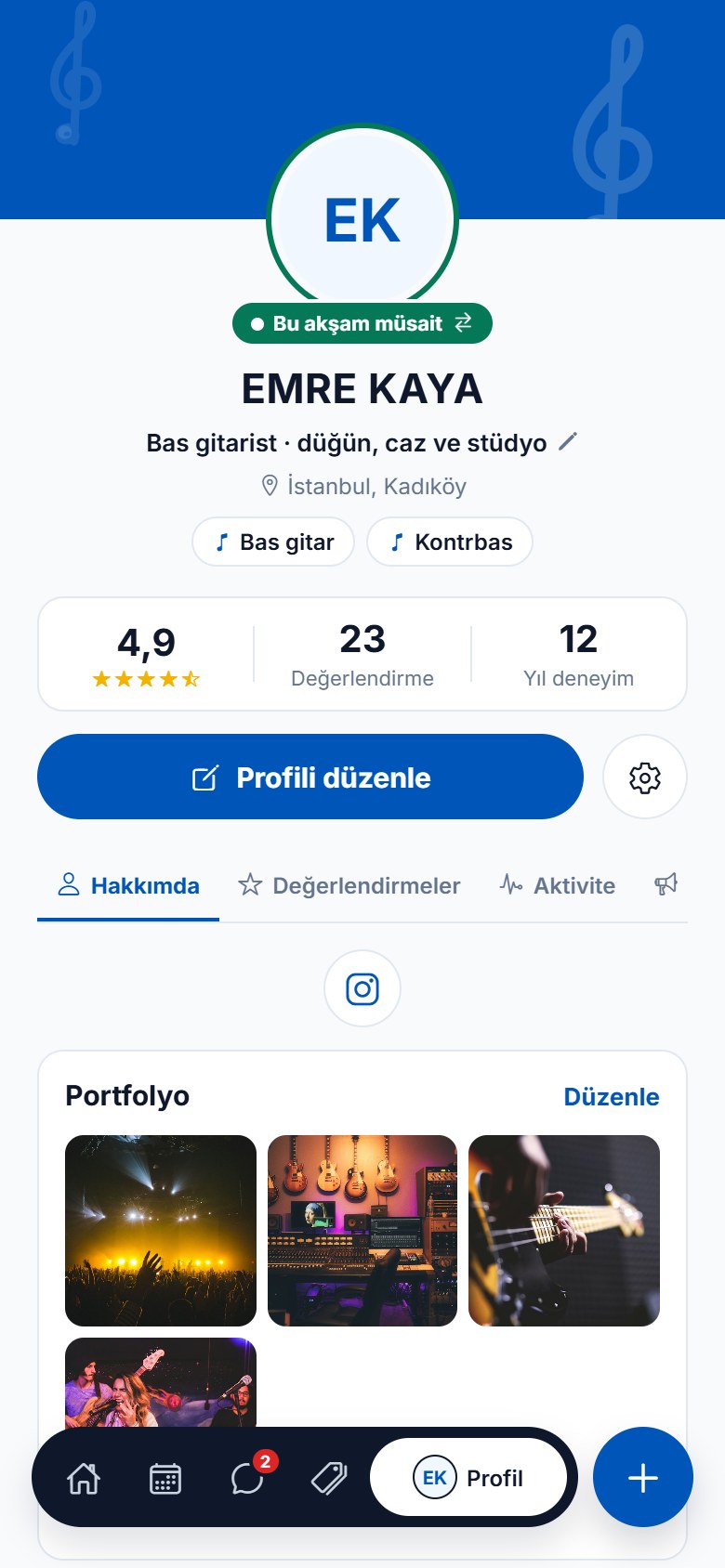 Müzisyen profili: 4,9 puan, 23 değerlendirme ve portfolyo fotoğrafları.